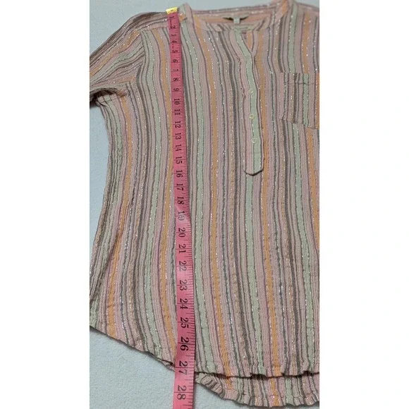 Lucky Brand Womens Top Large Pink Orange Metallic Striped Cotton Shirt‎ Popover - Picture 8 of 9